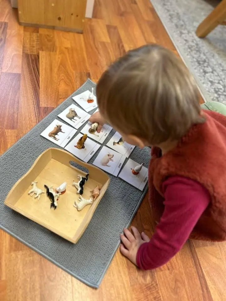 Dieťa pracuje s Montessori pomôckou na koberci vedľa rodiča